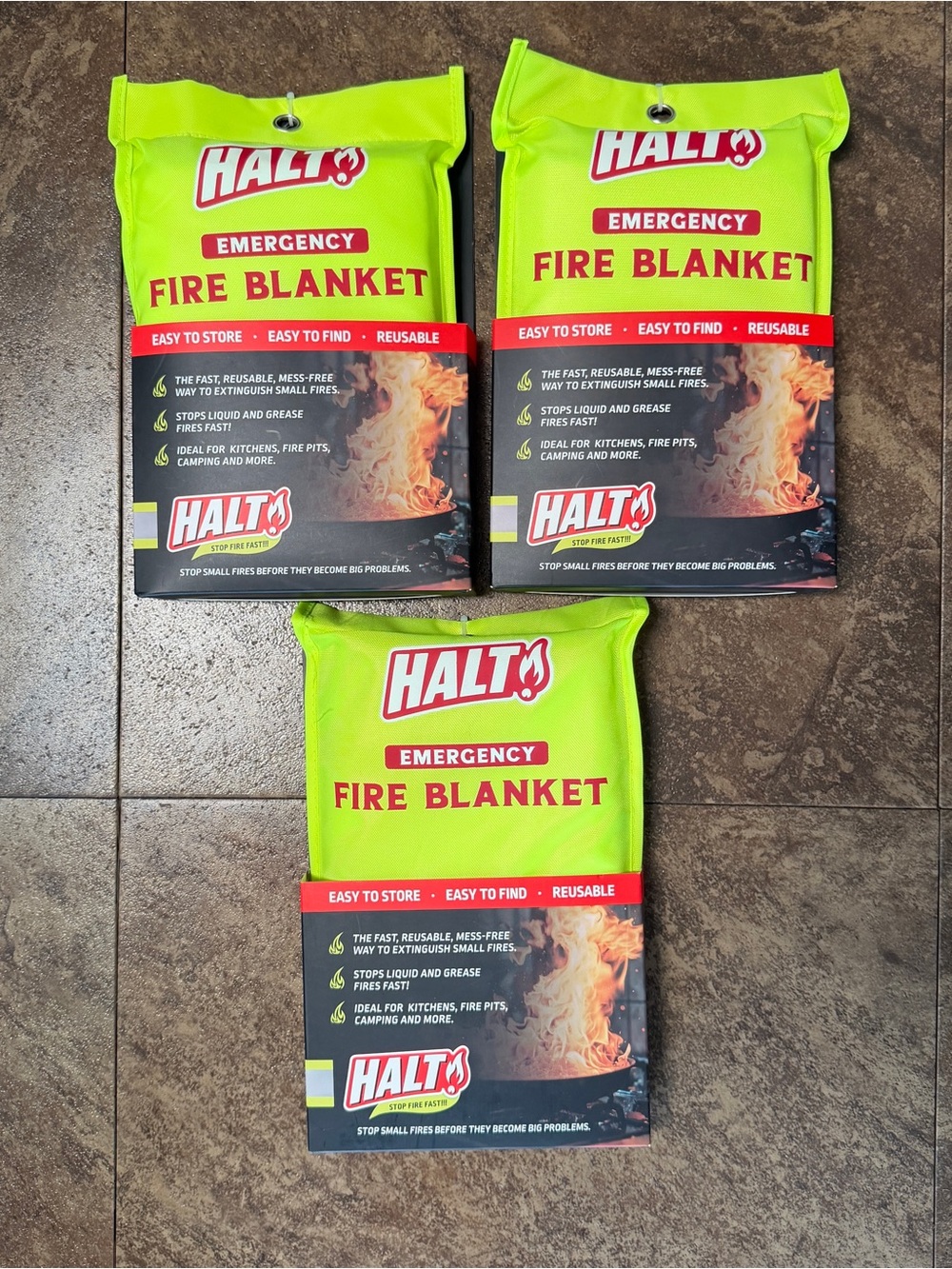 3 HALT Emergency Fire Blankets 39” x 39” Kitchen RV Camping Grills (Wall Mount)